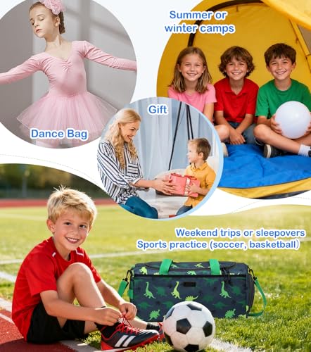 Miniatura 8 de Bolsa Deporte Para Infantil Con Bandolera, Vaschy Bolsa Viaje Niños Impermeable Bolso De Fin De Semana Bolso Deportivo Para Zapatos Y Bolsillo Mojado Bolsas De Hombro 46x23x23cm, Dinosaurios