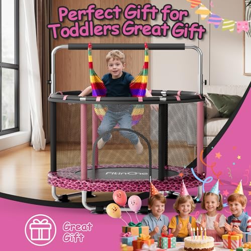 FitinOne 55" Toddler Mini Trampoline for Kids, Indoor Outdoor Toys with Swing, 440lbs Baby Kids Trampoline, Gymnastics Bar, Birthday Gifts for Boy Girl Age 1-8(Leopard) by FitinOne - Image 9
