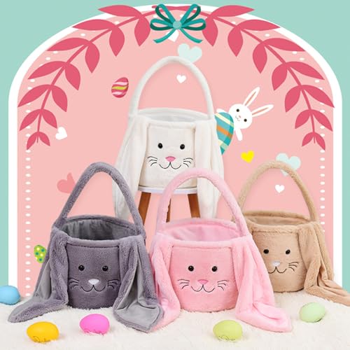 Image of Plush Easter Bunny Basket Bags for Kids, Rabbit Bucket Tote with Long Fluffy Ears, Cute Egg Hunts Party Storage Candy Gifts Carry Bucket Decorations (White + Pink)