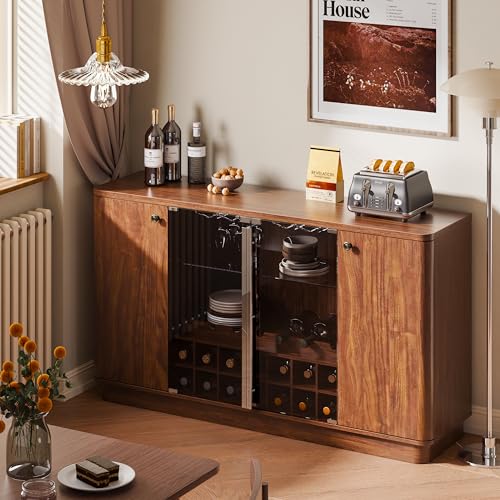 Image of Coffee Bar Cabinet with LED Light & Glass Doors, 60 inch Wine Liquor Cabinet with Wine Rack & Glass Holder & Adjustable Shelves, Coffee Station Sideboard Buffet Cabinet for Living Room Kitchen