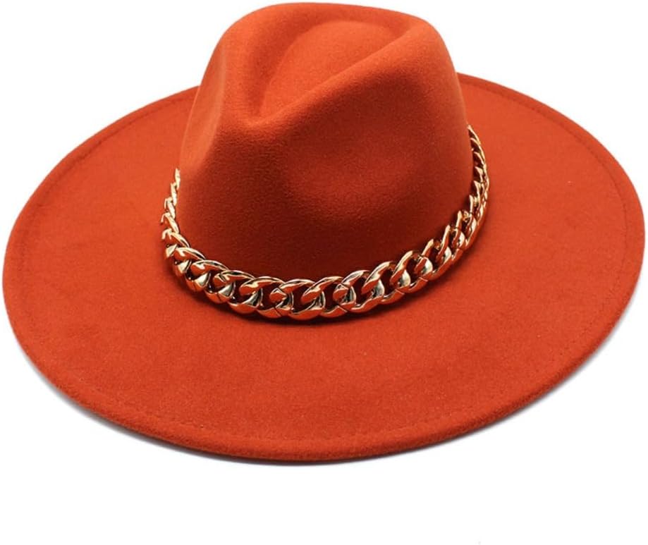 Wide Brim Wool Fedora Hat with Chain Band, Beige, Gold Accent, Classic Style