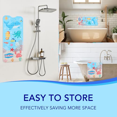 Image of PRATIQUE Kids Bath Mat for Tub Non Slip，40 X 16 Inch Extra Long Kids Bathtub Mat Ocean Bathtub Shower Mat Safety Anti Slip with Suction Cups and Drain Holes, Machine Washable（Blue Whale）