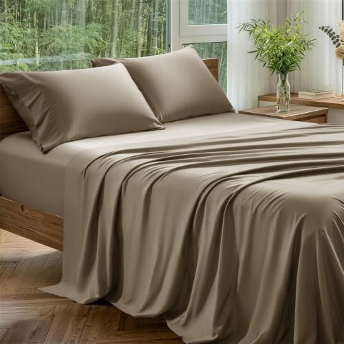 Image of 100% Organically Grown Bamboo Viscose King Sheet Set with Pockets on Side | Hotel Luxury Bed Sheets Set, Deep Pocket Up to 16 Inches, Ultra Soft Cooling Sheets 4pcs (Taupe)