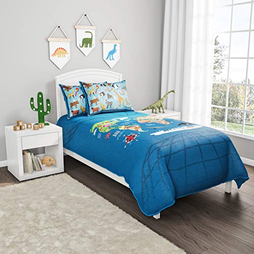 World Map 3 Piece Quilt Set-Twin Xl Bedding & 2 Pillow Shams-Hypoallergenic Microfiber-Animals & Landmarks Of The Continents & Oceans Bedspread By Lhc #TOP3