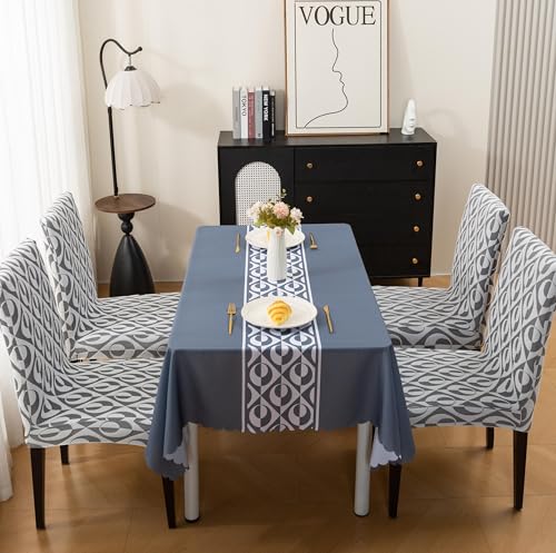 Image of HOMETHREADS Stretchable Elastic Jacquard Chair Seat Cover and Waterproof Dining Table Cover - Removable & Washable, Durable Seat Protector for Dining Room (Grey, 8Chairs+1Table Cover (150X250))
