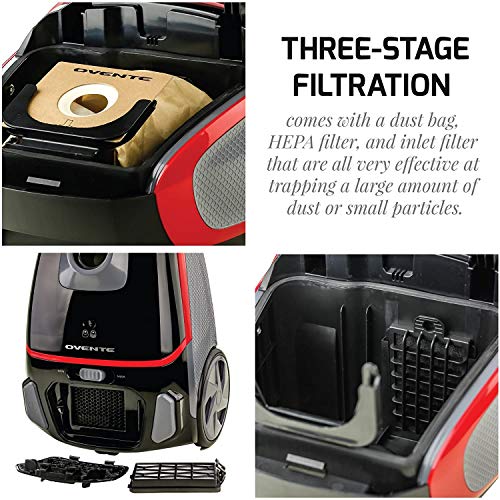 Ovente Electric Lightweight Canister Vacuum Cleaner With 3 Cleaning Tools For Hard Floor Carpet, Easy Clean & Storage, Bonus Of Pack Of 4 Dust Bags And 1 Filter, Black St1600B + Acpst16041 #TOP2