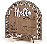 【Unique Design】This gender-neutral Hello World Newborn Sign comes with "Hello" in 3D acrylic letters and engraved "World" and birth stats on real wood. Measures 5.5" wide - the perfect size for newborn photography props. Extra bonus wooden easel to a...