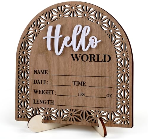 Bleed Proof Engineered Wood, 5.5 Inch Wooden Birth Announcement Sign with Easel Stand, 3D Arcylic Hello Sign, Newborn Announcement Plaque for Girl Boy Photo Prop Baby Shower Nursery Hospital - Rustic