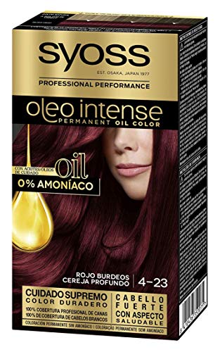 SYOSS OLEO INTENSE- Tono 4-23 Rojo Burdeos – Coloración permanente sin amoníaco – Resultados de peluquería – Cobertura profesional de canas