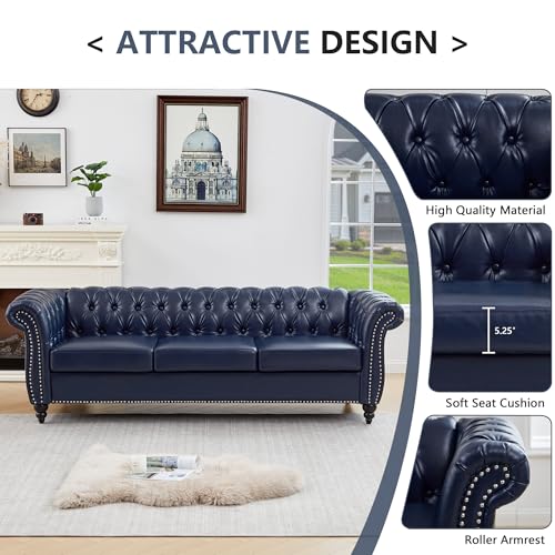 Image of QHITTY Accent Large Sofa, Chesterfield Couch 3 Seater Modern Leather Couch Upholstered Sofa with Tufted Back for Living Room Furniture (Blue)