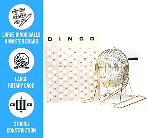 Regal Bingo - Large Professional Bingo Cage - Includes Brass Cage, 75 White Ping Pong Balls, Master Board - For Large Group Games, Game Night, Bingo Hall, & Holiday Activities - 16 In - Gold #TOP2