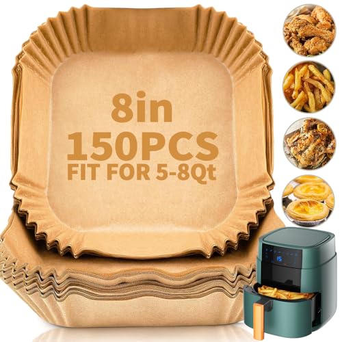 DSMY 150 PCS Air Fryer Disposable Paper Liners 8 Inch Square Parchment Disposable Paper Liner for 5-8QT Air Fryer Baking Roasting and Microwave Non-Stick Airfryer Accessories
