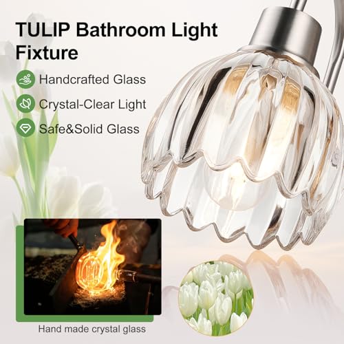Image of 3-Light Bathroom Light Fixtures, 20 inch Vanity Light Over Mirror with Ribbed Clear Tulip Glass Shades, Brushed Nickel Wall Lights for Bathroom, Bedroom, Living Room, Hallway (Bulb Not Included)