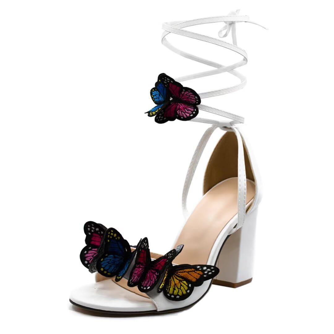 JOEupin Women's Strappy Chunky Heels Sandals 3 inch Butterfly Lace Up Ankle Wrap Heel Wedding Bridal Heeled Sandals Shoes