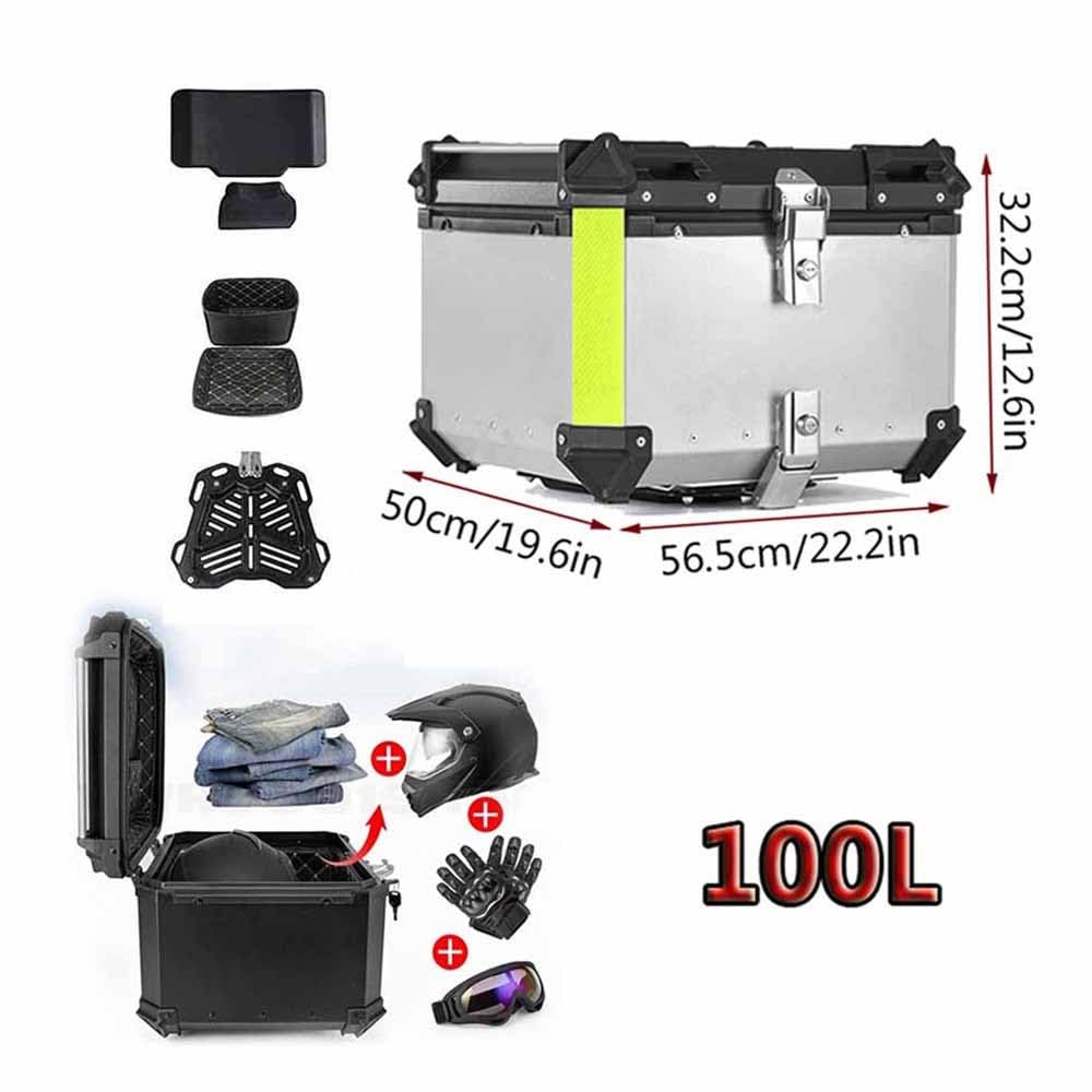 Top Case Aluminium Coffre pour Moto 28L 36L 45L 55L 65L 80L 100L, Scooter Universel Topcase Valise, Design Étanche Base À Dégagement Rapide Support De Montage(Silver,100L)