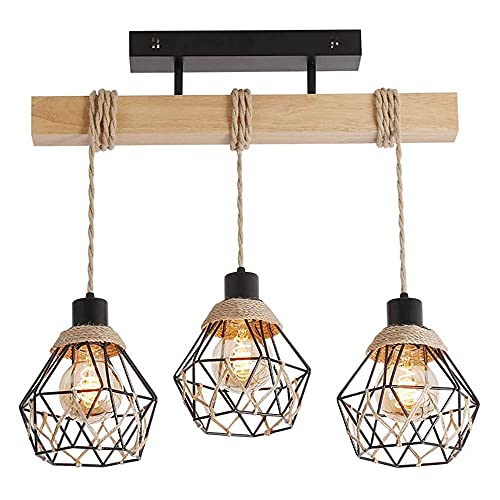 Lustre 3 lampes corde de chanvre naturelle hauteur reglable abat-jour fer forge noir loft