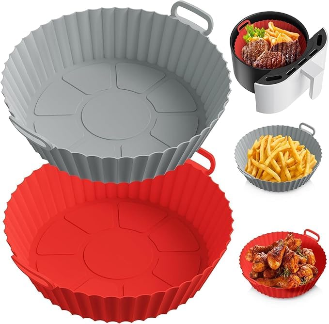 Image of Air Fryer Silicone Tray | Air Fryer Liners I Round Silicone Basket Baking Tray I Pot with Ear Handles I Nonstick Reusable Heat Resistant I Cooking Oven Insert Accessories (Red + Gray)