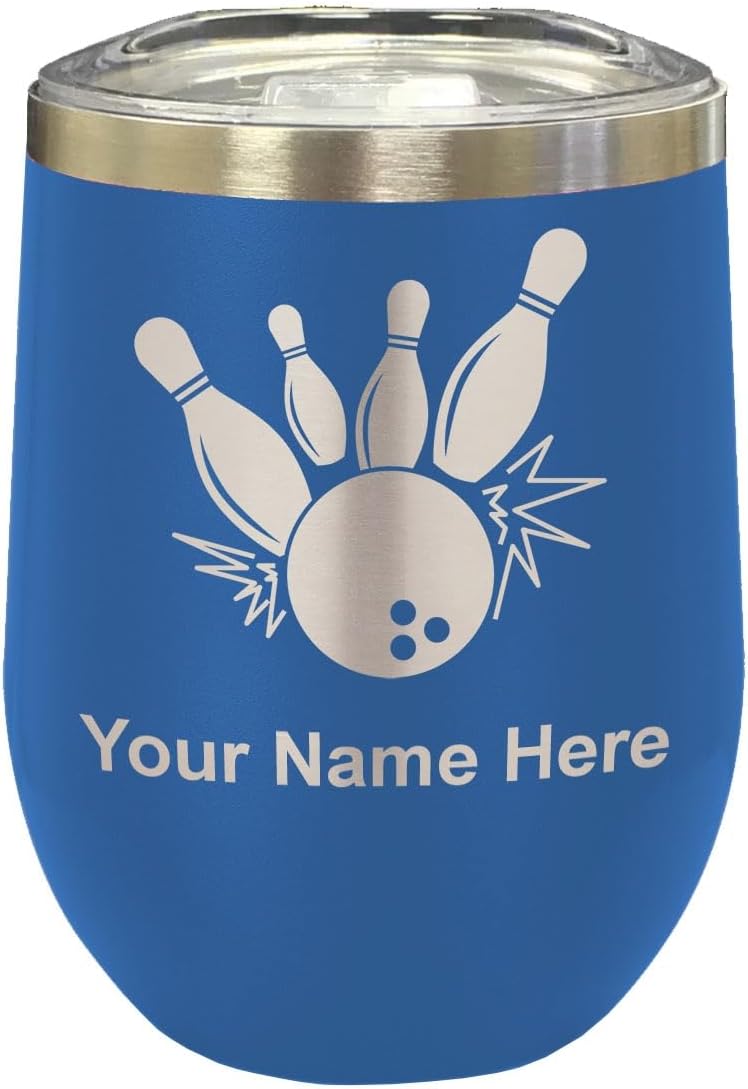 LaserGram 16oz Double Wall Stainless Steel Wine Glass Tumbler, Bowling Ball and Pins, Personalized Engraving Included (Black)