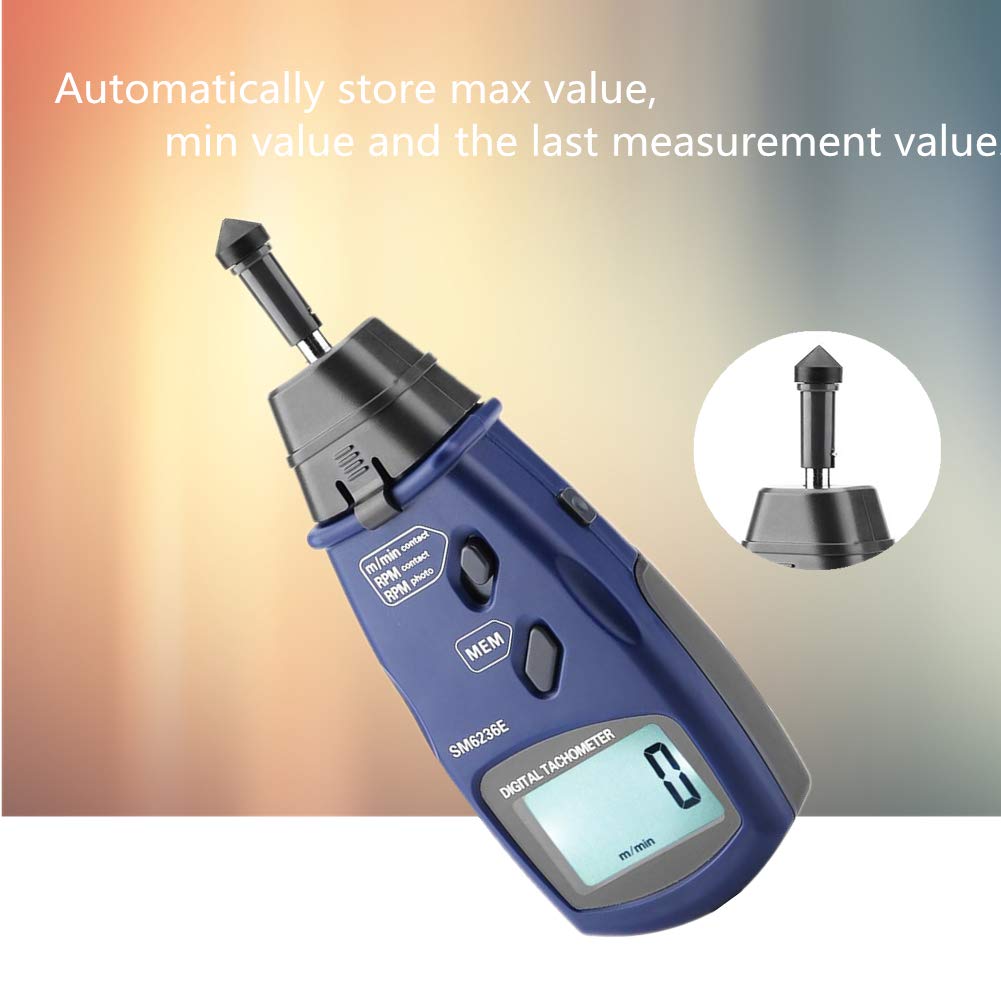 Tacómetro digital, robusto y duradero SM6236E Tacómetro láser/de contacto 5 dígitos Probador de medidor de rotación de tacómetro LCD digital de 18 mm