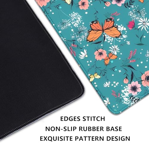 Image of Colorful Butterflies and Flowers Extended Desk Pad Mouse Pad,Stitched Edges Non-Slip Rubber Base XL Mouse Mat Desk Mat for Office Home Work Blue Mousepad(27.5X11.8 Inch)
