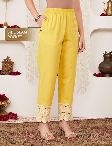 Image of Amazon Brand - Myx Women Embroidered Cotton Kurta Pant Set with Organza Dupatta (Available in Plus Sizes)