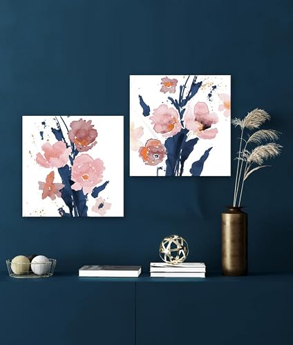 Docly&Wopl Blush Pink Flowers Wall Decor Pink And Navy Blue Canvas Wall Art Painting Print Bedroom Living Room Modern Floral Art Woman Room Decoration #TOP1