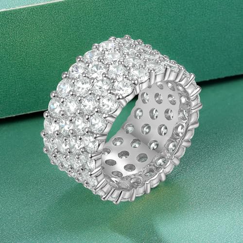 MDFUN 18K White Gold Plated Round-Cut 4 Row Cubic Zirconia All-Around Thick Band Ring Cocktail Jewelry for Women and Men Size 8 by MDFUN - Used condition - Image 3
