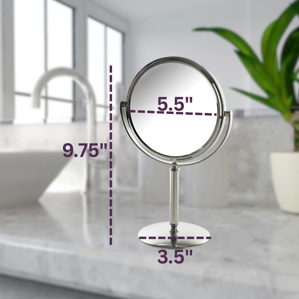 Model's Choice MC105C - Espejo de maquillaje de dos caras con aumento 5X y diseño giratorio, espejo portátil de 5.5 pulgadas de diámetro en acabado cromado