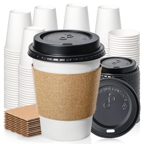 Fit Meal Prep 100 Pack 8 oz Disposable Coffee Cups with Lids Sleeves Leak-Proof To Go Coffee Cups with Lids Durable Paper Cups for Hot Beverage Home Office Party