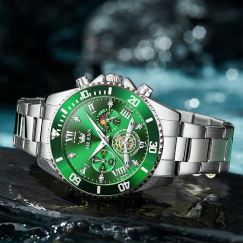 Image of OLEVS Mens Watches Chronograph Luxury Dress Moon Phase Two Tone Stainless Steel Waterproof Luminous Business Calendar Wrist Watch
