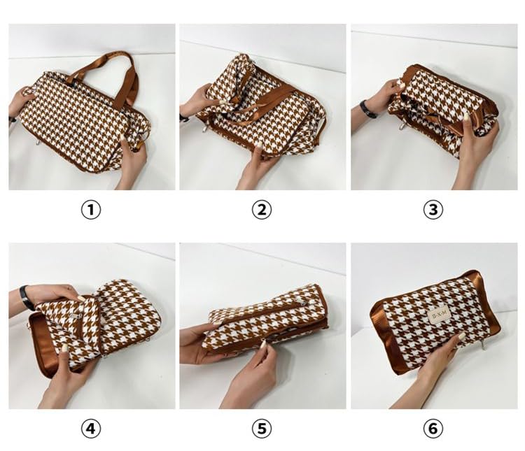 Foldable Travel Tote Bag Houndstooth Duffle Bag Gym Bag for Women Weekender Overnight Duffel Bag Shoe Compartment (Beige)4