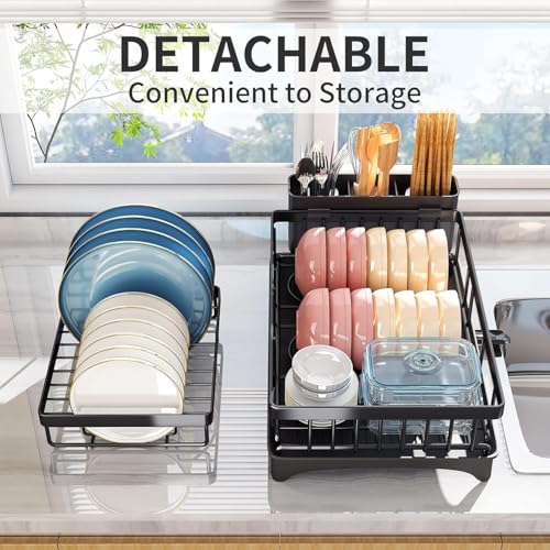 Image of ZROY Dish Drying Rack 2-Tier with Drainboard for Kitchen Countertop - Stainless Steel Dish Drainer with Utensil Holder, Cup Rack, Knife Storage & Water Drain Spout (New Black Rack 2-Tier)