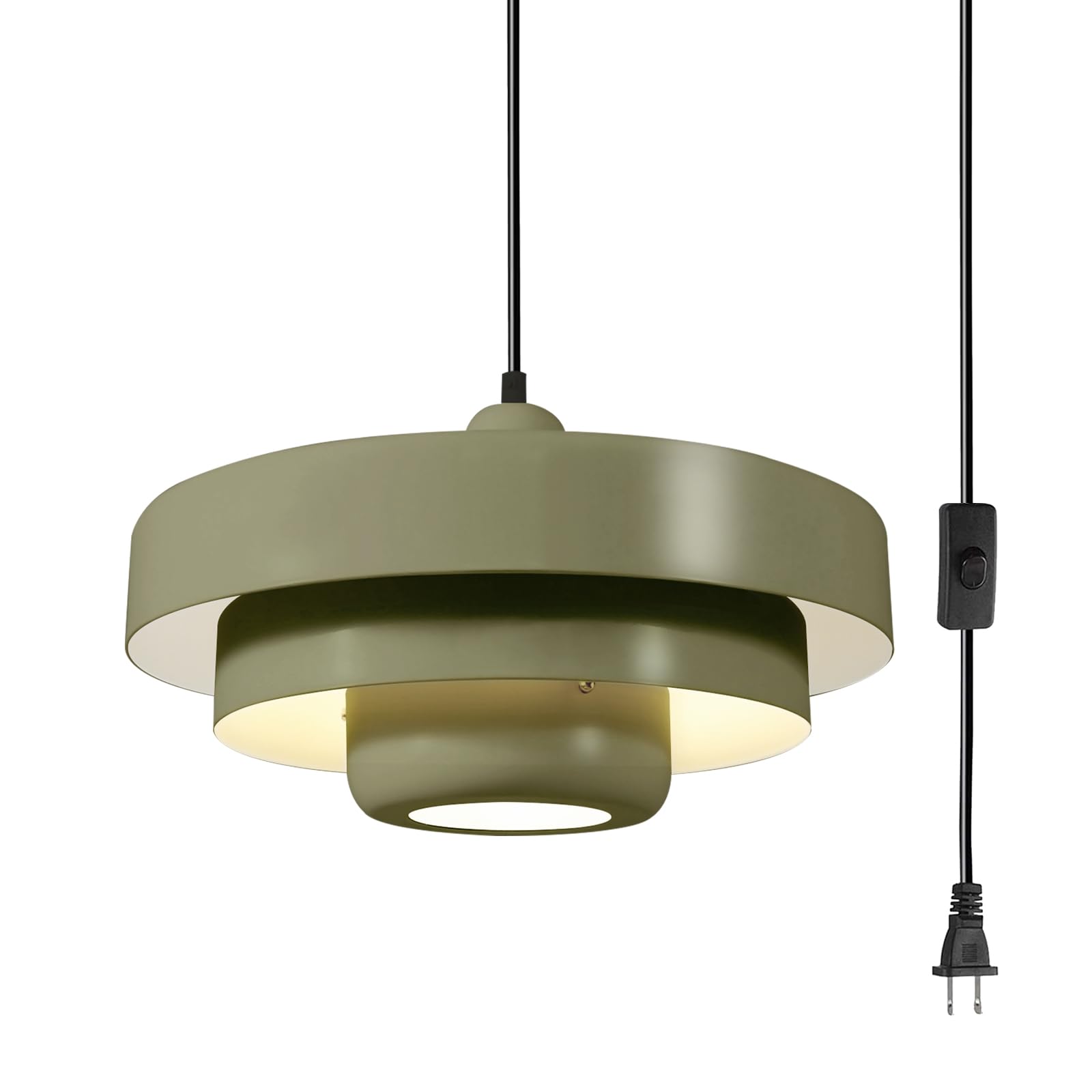 Olive Green Plug-in Pendant Light, Mid Century Modern Hanging Lamp with 14.75ft Adjustable Cord &amp; On/Off Switch, Retro Pendant Lighting for Kitchen Island Dining Room Bedroom