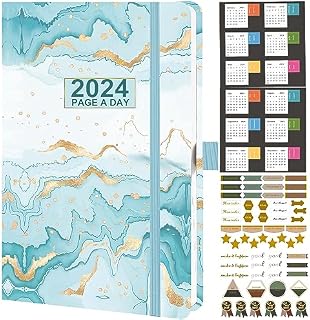 Dzhzal Diary 2024 A5 Page a Day, Day Per Page Diary 2024 From January 2024 to December 2024, Hard Cover Productivity Daily Planner with Monthly Tabs, Pen Loop and Inner Pocket 5.7"x8.3"