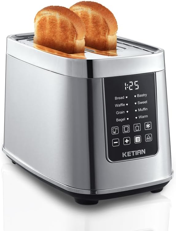 Smart Touch Screen Toaster 2 Slice, KETIAN Automatic Digital Stainless Steel Toaster,7 Bread Types,Single Slot Tech,7 Browning Settings,Removable Crumb Tray,1400W (Silver)