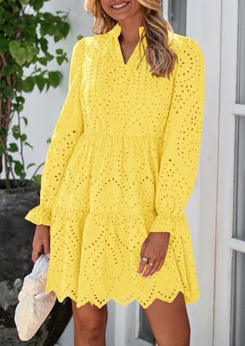 PRETTYGARDEN Women's Spring 2025 Long Puff Sleeve Mini Dress Hollow Out Lace V Neck A Line Ruffle Casual Party Dresses3