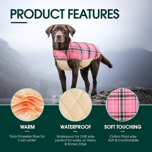 Kuoser KUOSER-92972-PINK-M Warm Dog Coat, Reversible Dog Jacket Waterproof Dog Winter Coat British Style Plaid Dog Clothes Pet Dog Cold Weather Coats Cozy Snow Jacket Vest thumb #2