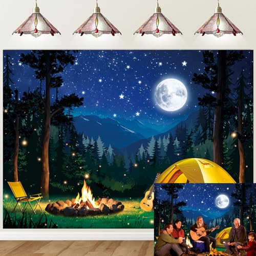 Forest Scene Camping Backdrop Night Campfire Tent Camping Adventure Photography Background for Children Adults Baby Shower Camper Party Decoration Banner Photo Props (7x5FT: 84x60 inch)