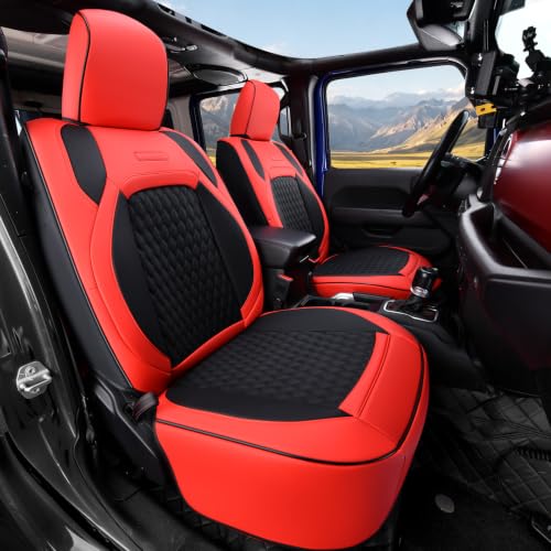 Image of Coverado Seat Covers for 2018-2026 Jeep Wrangler 4 Door, Waterproof Leather Car Front Seat Covers, Full Coverage Seat Cushion Covers Protector Custom Fit for Jeep Wrangler JL Seat Covers, Red