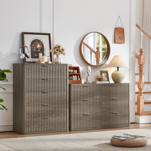 Image of LEYAOYAO Fluted 5 Drawers Dresser Set of 2, 41 inch Tall Modern Chest of Drawers with Metal Handle, Curved Profile Dresser TV Stand, Wooden Drawer Organizer for Bedroom, Living Room, Hallway,Grey