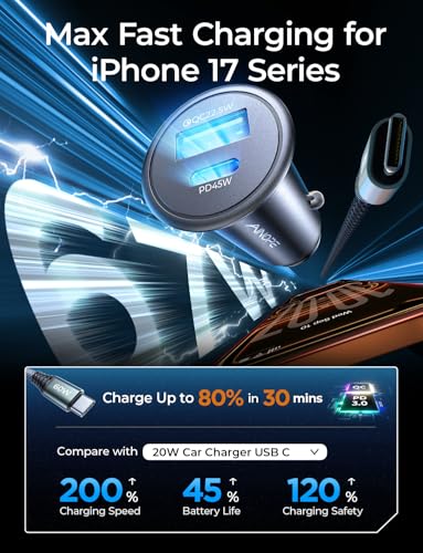 AINOPE 67.5W Car Charger USB C Fast Charge for iPhone 17 Pro Max, PD 45W USB C Car Charger Fast Charging【Mini & Metal】 Valentines Day Gifts Cigarette Lighter Adapter for Samsung Galaxy S26 Ultra/S25 - Image 3