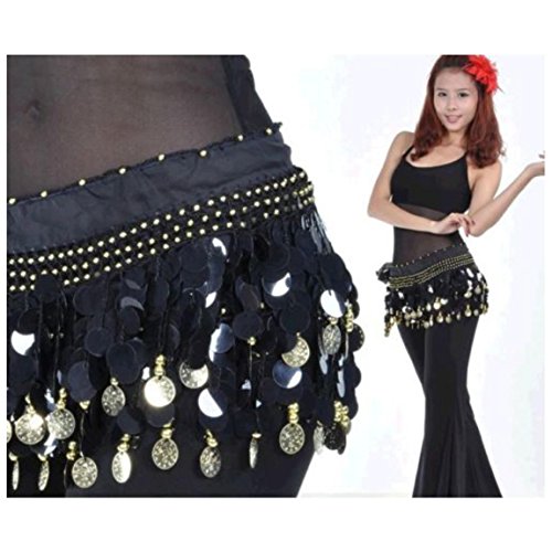 Image of VRITRAZ Women's Chiffon Belly Dance Hip Scarf Waistband Belt Skirt Mixed Colors Beads and Golded Coins 56 Black