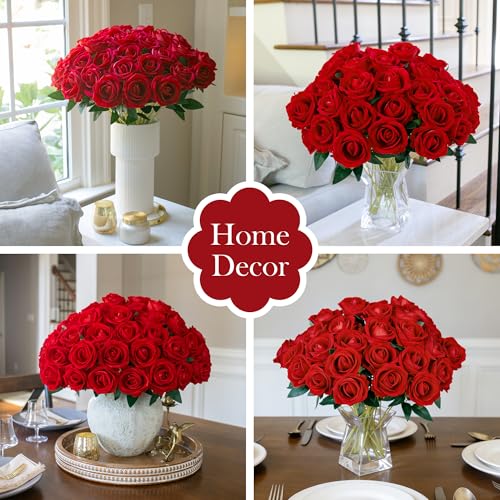 Image of INSPRING 50 PCS Red Roses Artificial Flowers with Long Stems | Real Looking, Fake Roses, Silk Flowers, DIY Bouquet, Wedding Party Celebration Home Bridal Decoration Gift, for Her Wife