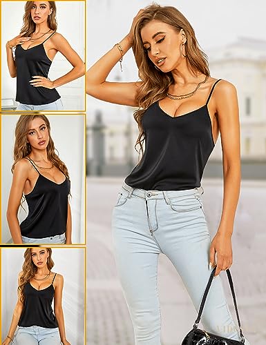 VIDUSSA Sexy Tank Tops Womens Satin Cami Top Pack V Neck Camisole Spaghetti Strap Tank Loose Sleeveless Blouses2
