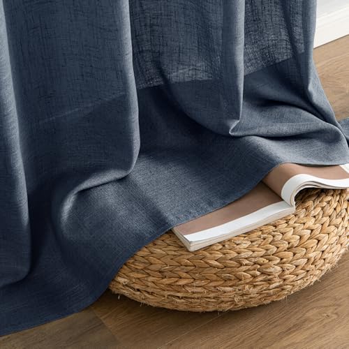 MIULEE Navy Blue Linen Curtains 90 Inch Length 2 Panels for Bedroom Living Room, Soft Thick Linen Textured Natural Window Drapes Semi Sheer Light Filtering Back Tab Rod Pocket Burlap Look Decor