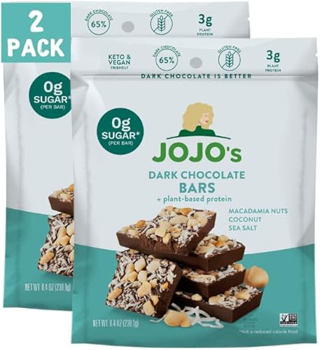 JOJO's Dark Chocolate Bars Macadamia Nuts Coconut + Plant-Based Protein, Zero Sugar, Sugar Free, Low Carb, Vegan, Paleo & Keto Friendly, Healthy Snack, 8.4oz Bags, 2 Count (14 Bars)