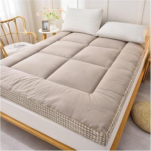 Skin-Friendly Extra Thick Japanese Futon Mattress - Full Size Foldable and Portable, Breathable, Suitable for Floor/Room/Dorm, Easy-to-Roll Design (Khaki, 150 x 200 cm)