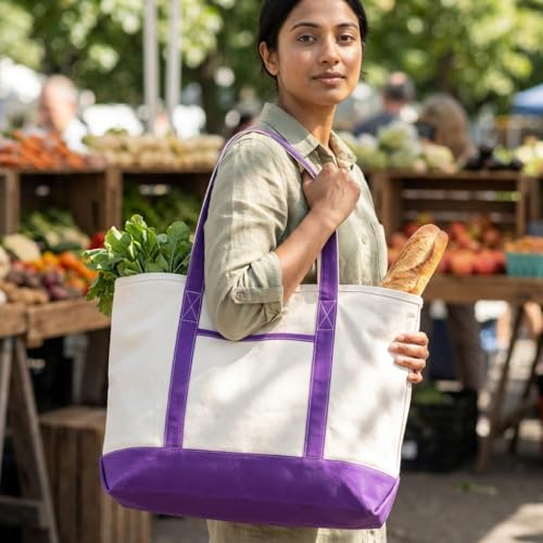 Image of Extra Large Zippered Tote Bag - Heavy Duty Purple Canvas Tote Bag for Picnic, Beach or Shopping - Sturdy, Premium Quality, Washable, Foldable and Double Stitched Cotton Canvas Tote (Purple)
