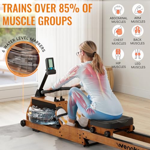 Water Rowing Machine for Home Use, WENOKER Foldable Wooden Rower Machine with Adjustable Monitor & Bluetooth APP, Large Water Tank & Comfortable Seat for Immersive Water Rower, 350LBS Weight Capacity - Thumbnail 4