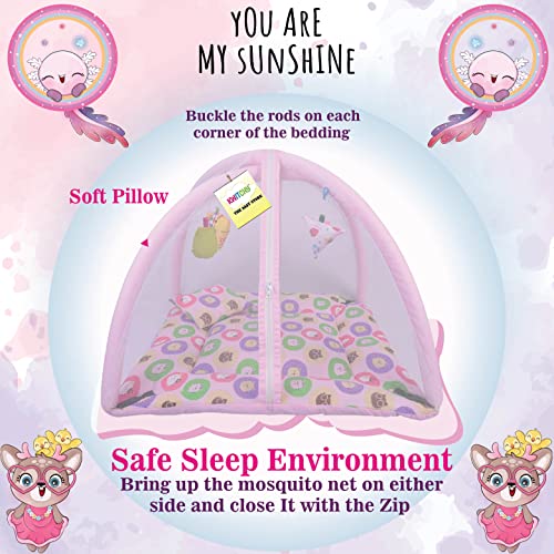Image of Kwitchy Baby Bedding Set New Born Baby Bed Mattress with Mosquito Net Play Gym Bed with Hanging Toys (0-6 Months, Pink)